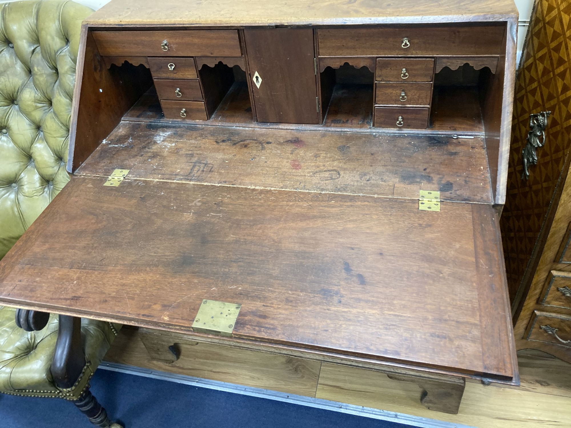 A George III faded mahogany bureau, width 97cm, depth 50cm, height 106cm